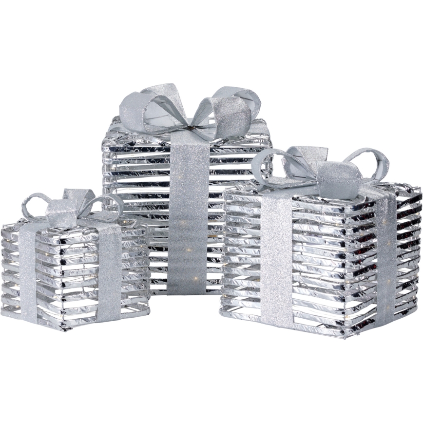 SADA 3x LED vianočných dekorácií 20xLED/2xAA + 30xLED/3xAA + 40xLED/3xAA teplá biela darčeky/strieborná