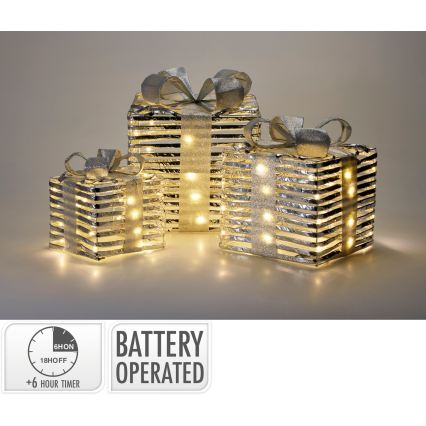 SADA 3x LED vianočných dekorácií 20xLED/2xAA + 30xLED/3xAA + 40xLED/3xAA teplá biela darčeky/strieborná