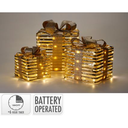 SADA 3x LED Vianočné dekorácie 20xLED/2xAA + 30xLED/3xAA + 40xLED/3xAA teplá biela darčeky/zlatá