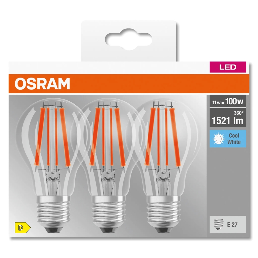 Sada 3x LED žiaroviek BASE CLASSIC FILAMENT A60 E27/11W/230V 4000K - Osram