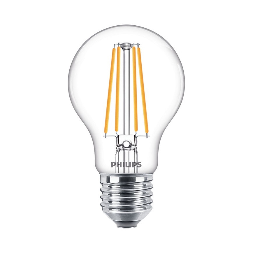 LED žiarovka Philips svieti. Štyri vnútorné LED diódy sú viditeľné cez priehľadné sklo. Žiarovka má klasický tvar a kovový závit.