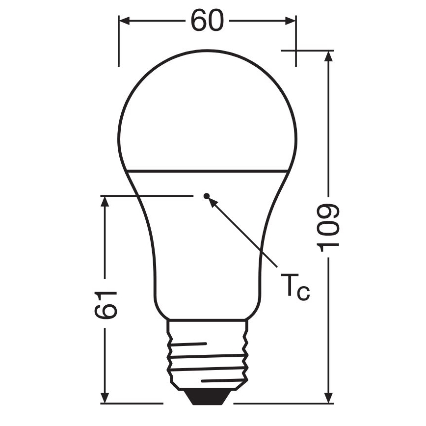 LED žiarovka je znázornená s rozmermi: šírka 60 mm, výška 109 mm a priemer 61 mm. Je zobrazený aj bod Tc.