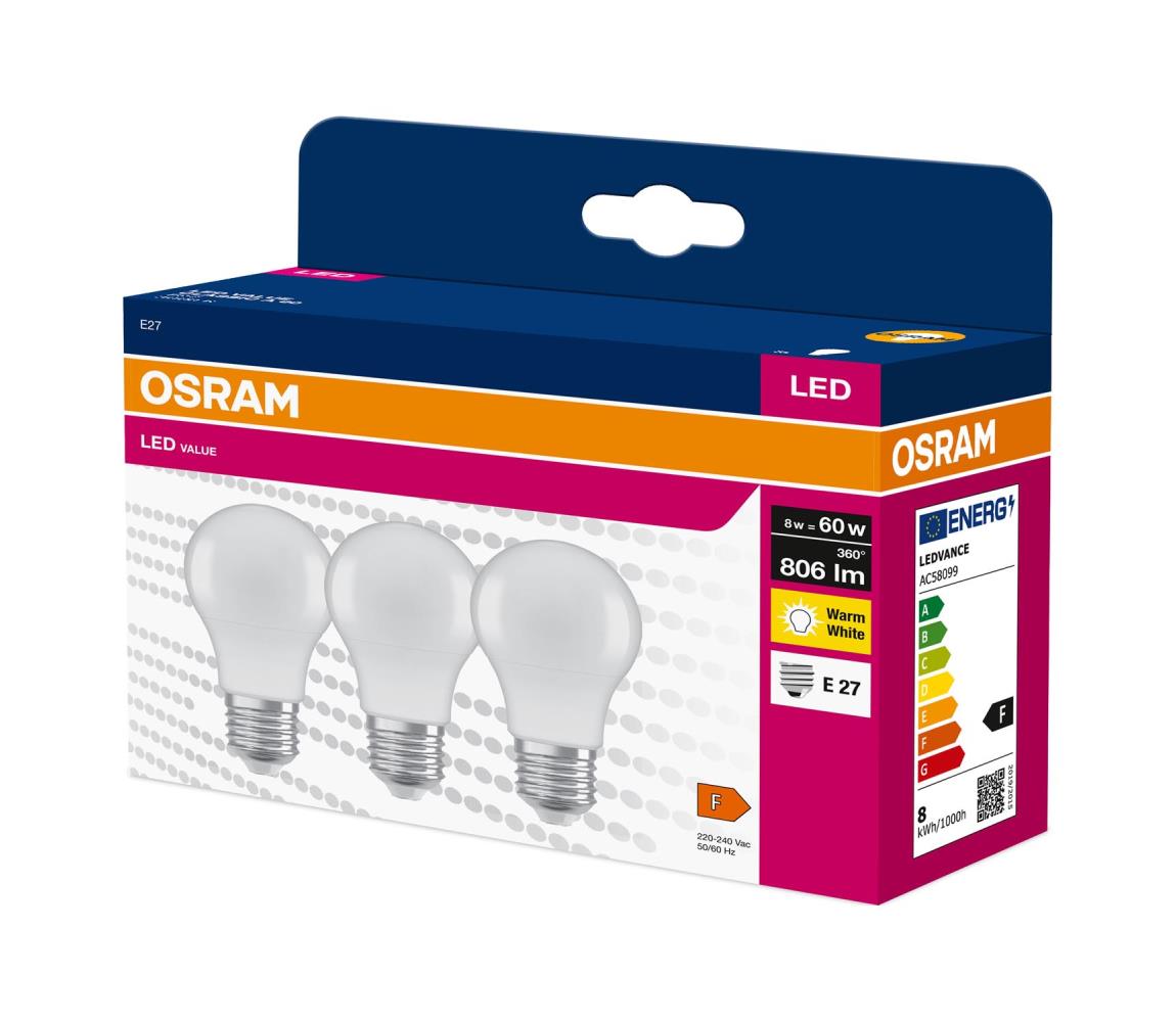 Sada 3x LED žiarovka A60 E27/8W/230V 3000K - Osram 4058075629004