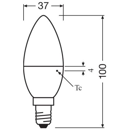 LED žiarovka tvaru sviečky s rozmermi 37 x 100 mm je znázornená s technickým označením Tc a rozmerom 4 mm. Žiarovka je zobrazená s technickou ilustráciou rozmerov.