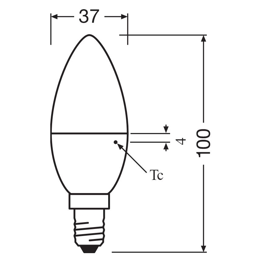 LED žiarovka tvaru sviečky s rozmermi 37 x 100 mm je znázornená s technickým označením Tc a rozmerom 4 mm. Žiarovka je zobrazená s technickou ilustráciou rozmerov.