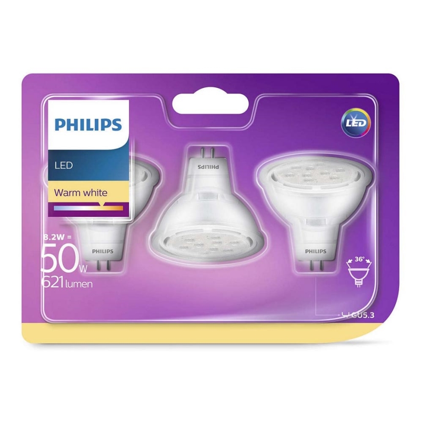 SADA 3x LED Žiarovka GU5,3/MR16/8,2W/12V 2700K - Philips