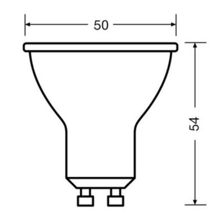 Žiarovka GU10 je zobrazená v čiernobielej schéme s rozmermi: horný priemer 50 mm, výška 54 mm. Má dva kolíky na spodnej časti.