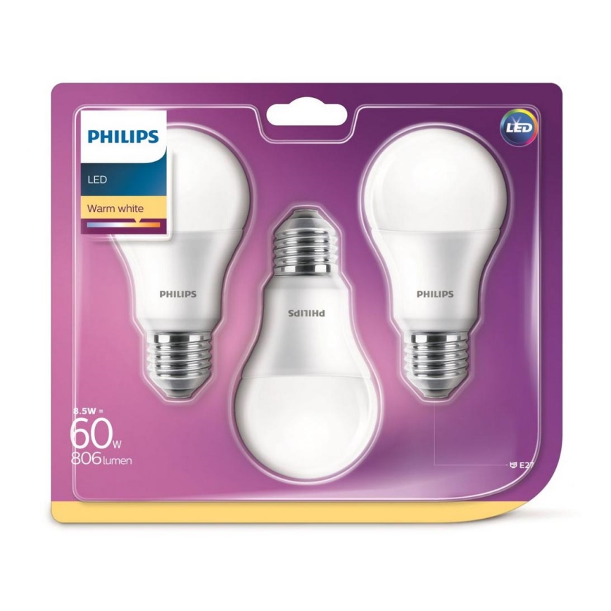 SADA 3x LED Žiarovka Philips A60 E27/8,5W/230V 2700K