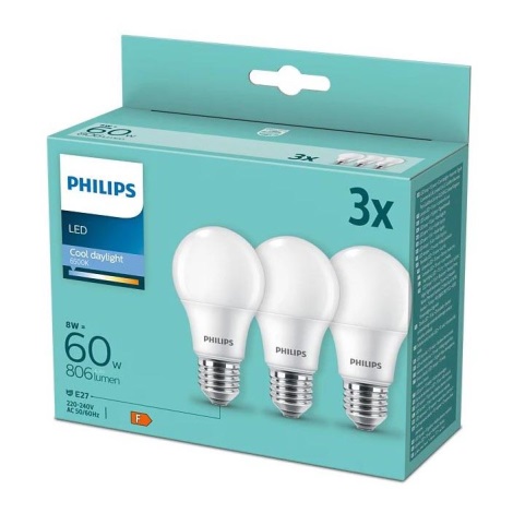 SADA 3x LED Žiarovka Philips A60 E27/8W/230V 6500K