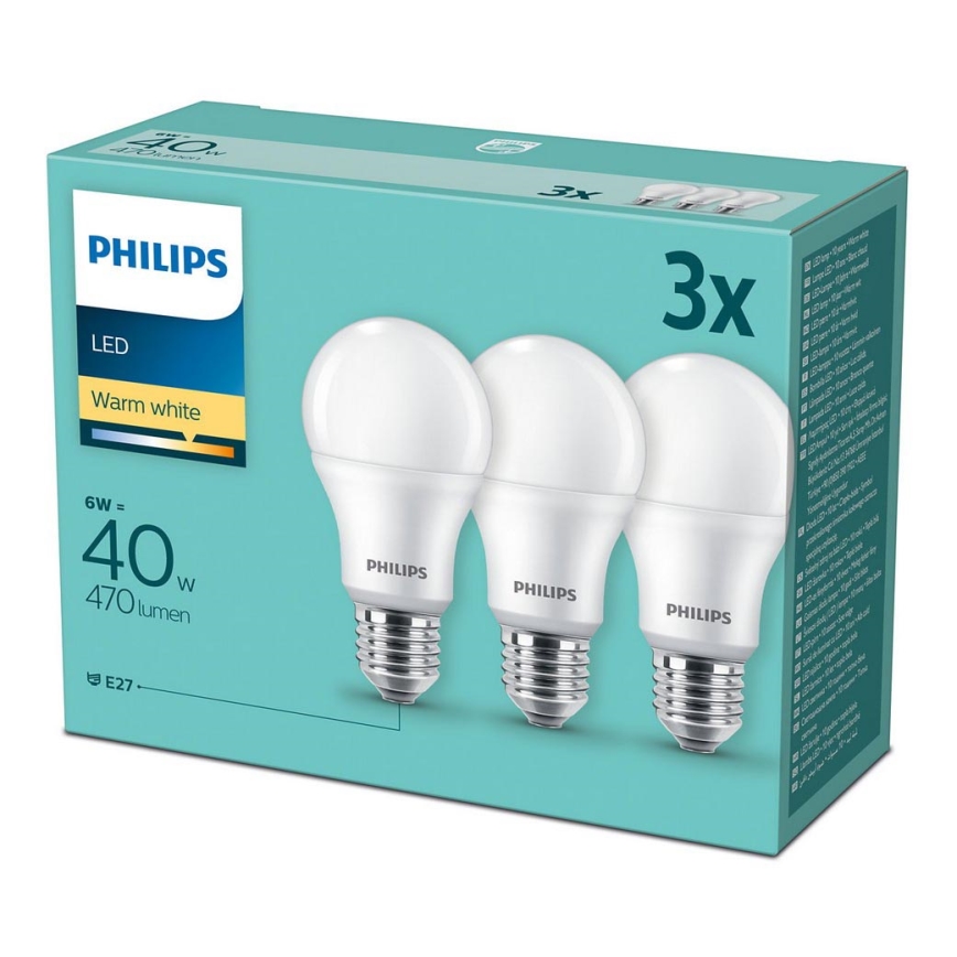 SADA 3x LED Žiarovka Philips E27/6W/230V 2700K