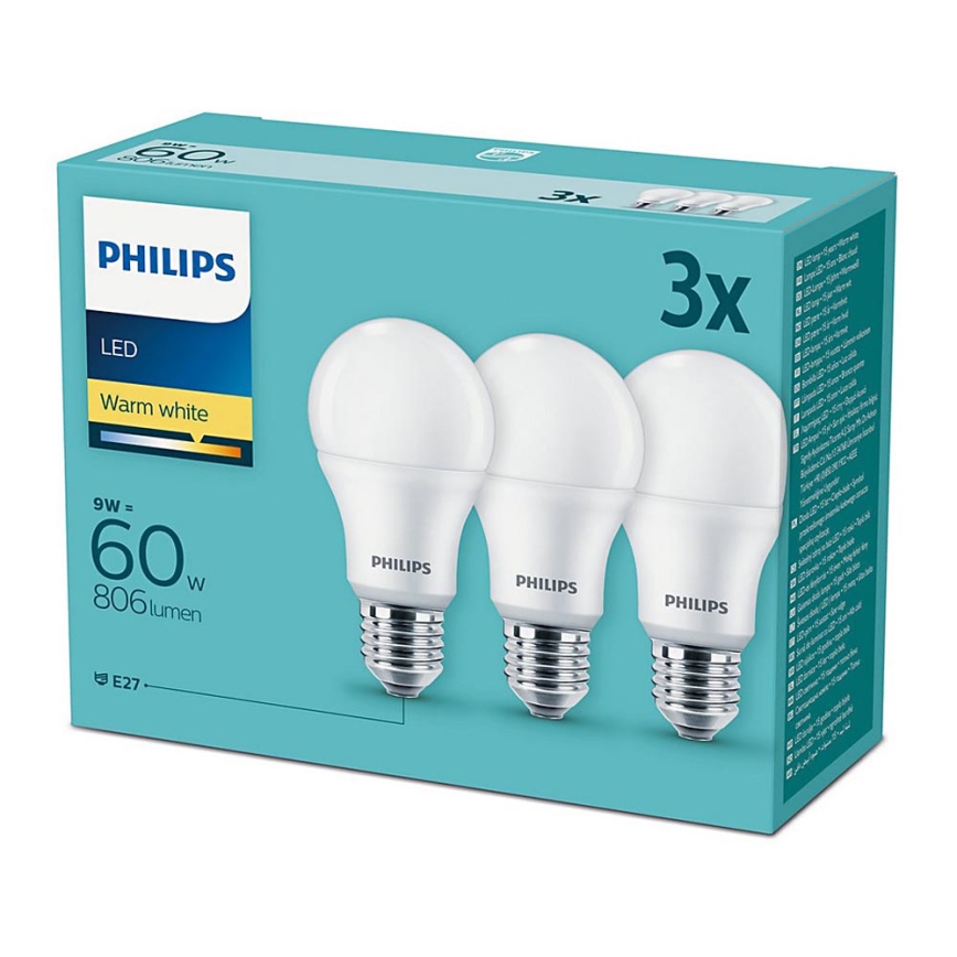 SADA 3x LED Žiarovka Philips E27/9W/230V 2700K