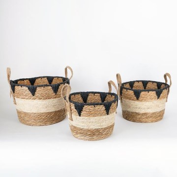 SADA 3x Slamený košík béžová/čierna 27x20/30x22/36x28 cm