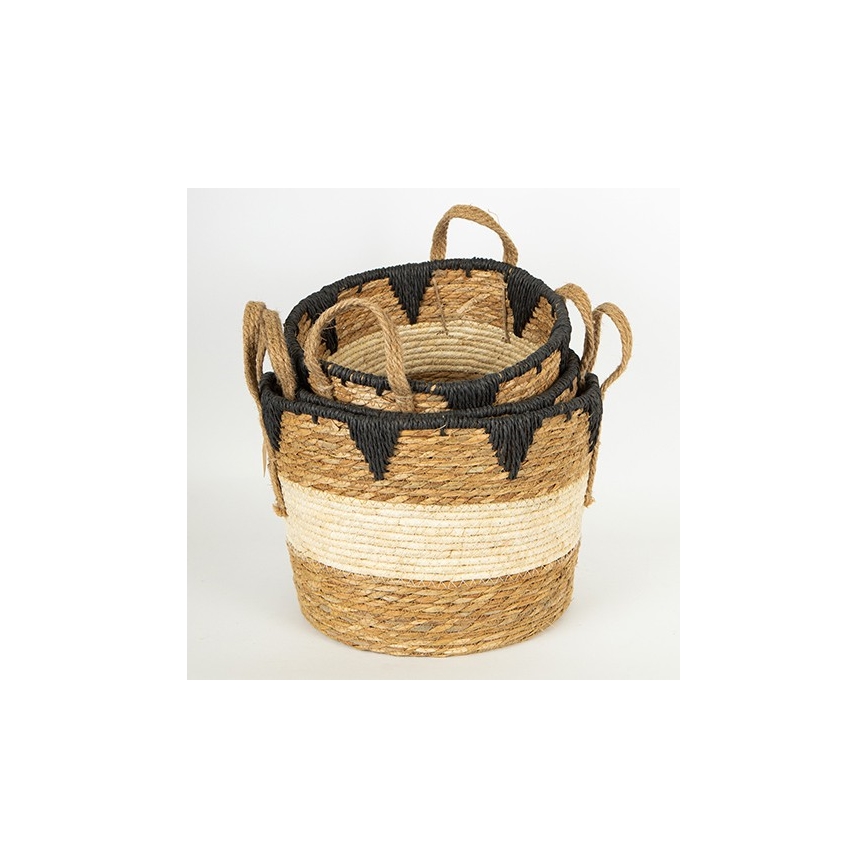 SADA 3x Slamený košík béžová/čierna 27x20/30x22/36x28 cm