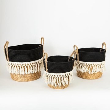 SADA 3x Slamený košík béžová/čierna/biela 25x17x23/28x22x25/35x28x30 cm