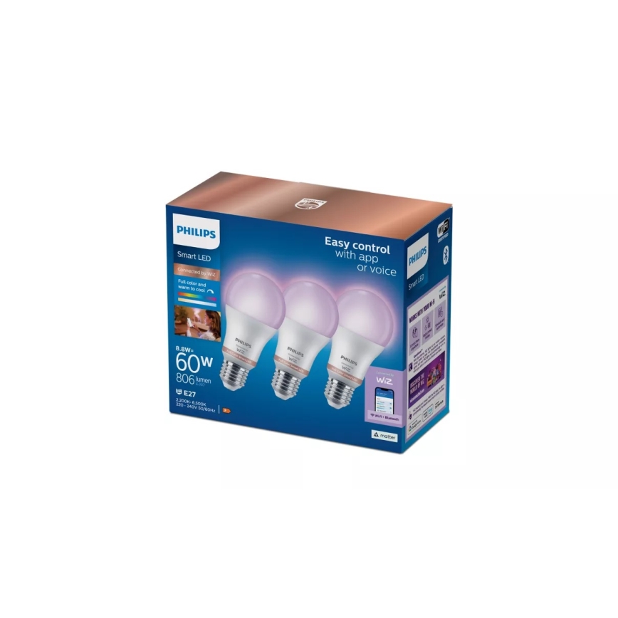 SADA 3x stmievateľných RGB LED žiaroviek Philips SMART A60 E27/8,8W/230V 2200-6500K
