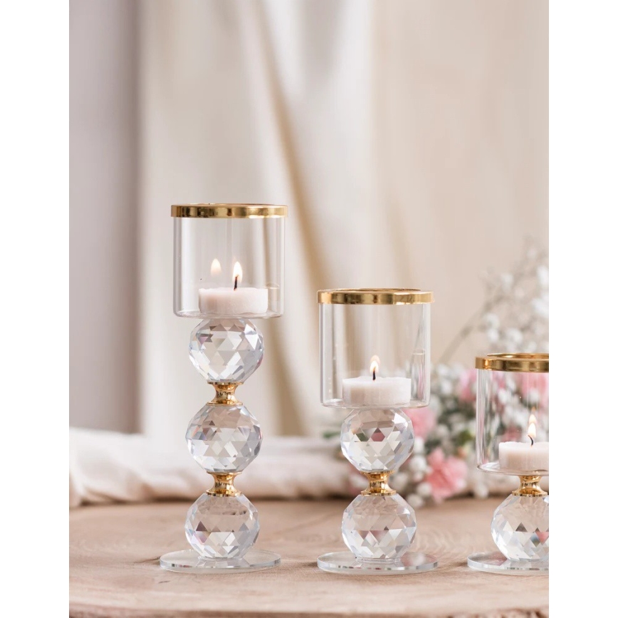 SADA 3x svietnikov, zlaté/priehľadné
