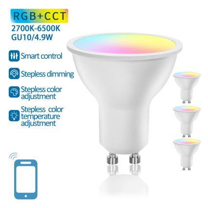 Sada 4× inteligentných LED žiaroviek RGBW GU10, 4,9 W, 230 V, 2700–6500 K - Aigostar