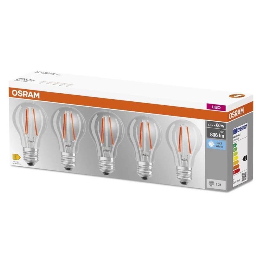 SADA 5x LED žiaroviek BASE CLASSIC FILAMENT A60 E27/7W/230V 4000K - Osram