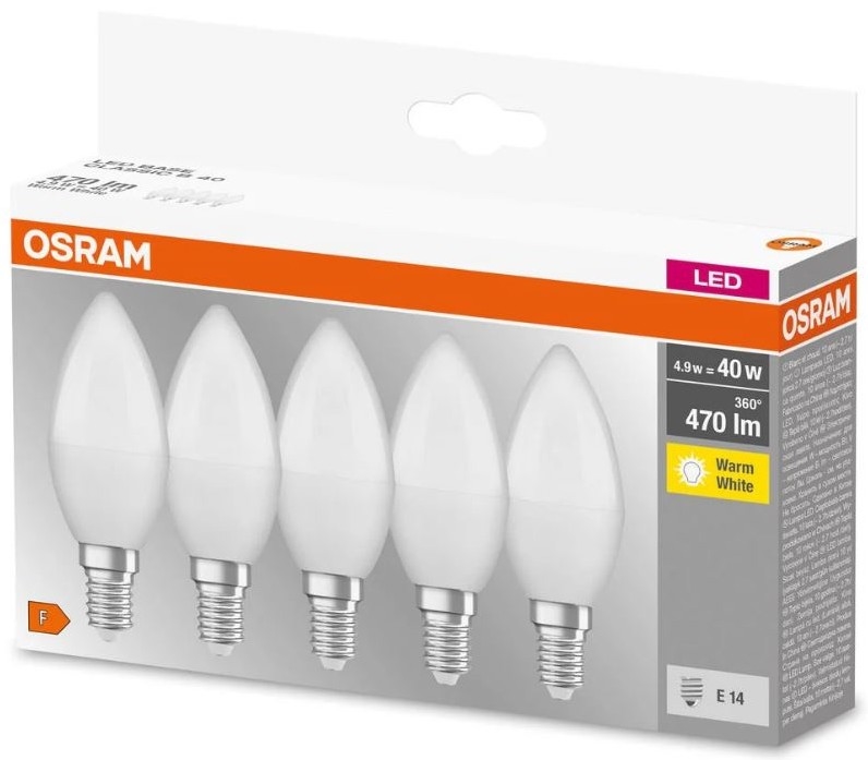 Pätica LED žiaroviek OSRAM je v balení. Žiarovky sú tvaru sviečky, s päticou E14 a teplou bielou farbou. Balenie uvádza: 4,9 W = 40 W, 470 lm, 360°.