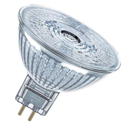 LED žiarovka s priehľadným skleneným telom a dvoma zlatými kontaktami na spodku. Žiarovka je umiestnená na bielom pozadí.