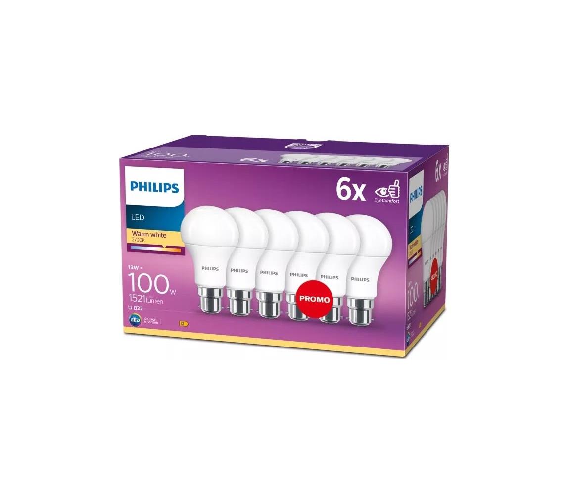 SADA 6x LED žiarovka Philips A60 B22/13W/230V 2700K 8718696586358