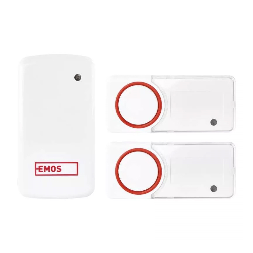 Bezdrôtový zvonček EMOS s tlačidlom a dvomi prijímačmi. Tlačidlo ovláda dva zvončeky. Zvončeky sú biele s červeným kruhom a priehľadným krytom.