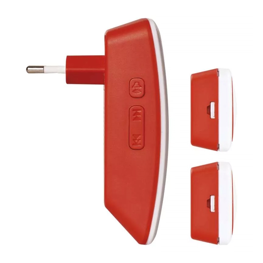 Červený bezdrôtový zvonček s dvoma tlačidlami a dvoma červenobielymi prijímačmi, zapojený do elektrickej zásuvky. Zvonček má tri tlačidlá: jedno s obrázkom zvončeka a dve s obrázkom zvlnenej čiary.