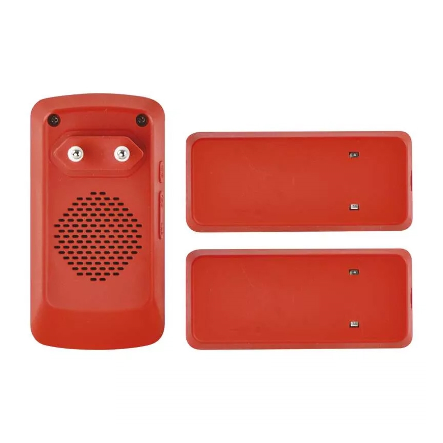 Zvonček s reproduktorom a sieťovou zástrčkou je zobrazený s dvoma červenými bezdrôtovými tlačidlami. Tlačítka sú obdĺžnikové a červenej farby. Zvonček je tiež červenej farby.