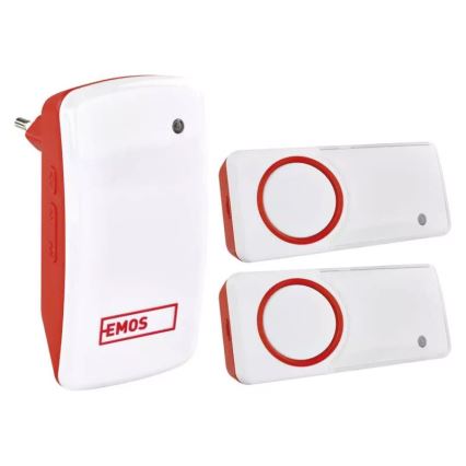 Bezdrôtový zvonček Emos so základňovou jednotkou a dvoma tlačidlami. Základňa sa zapojí do zásuvky. Tlačidlá vysielajú signál.