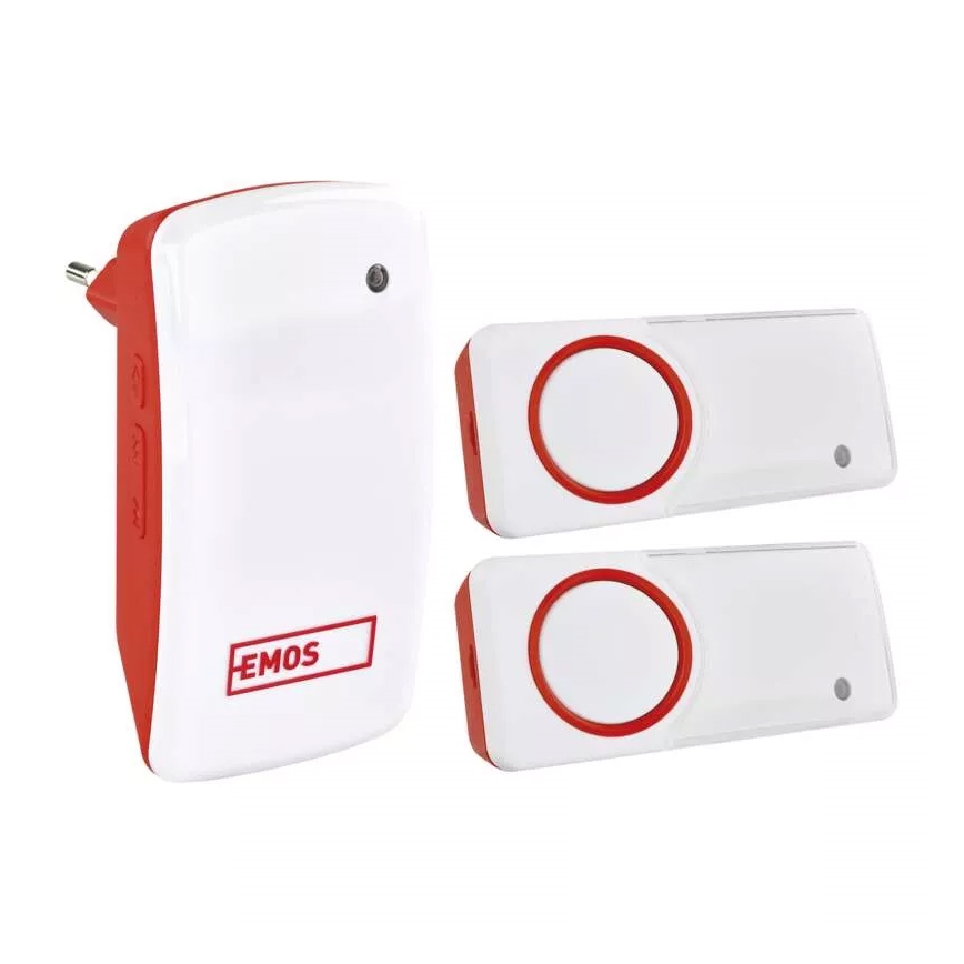 Bezdrôtový zvonček Emos so základňovou jednotkou a dvoma tlačidlami. Základňa sa zapojí do zásuvky. Tlačidlá vysielajú signál.