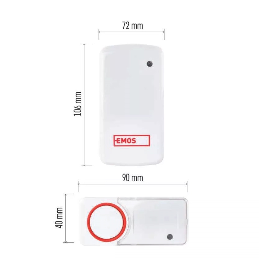 Biely bezdrôtový zvonček EMOS s rozmermi 106 x 90 x 72 mm a červeným tlačidlom s rozmermi 40 mm je zobrazený z dvoch uhlov. Na prednej strane je viditeľné logo EMOS.