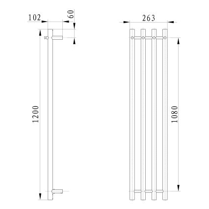Technický výkres znázorňuje rozmery radiátora: výška 1200 mm a 1080 mm, šírka 60 mm a 263 mm. Radiátor má štyri zvislé rúry.