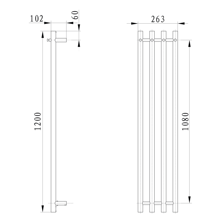 Technický výkres znázorňuje rozmery radiátora: výška 1200 mm a 1080 mm, šírka 60 mm a 263 mm. Radiátor má štyri zvislé rúry.