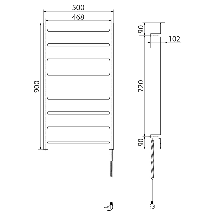 Dvojica technických výkresov znázorňujú elektrický sušiak uterákov s rozmermi: 500 x 468 x 900 mm a 102 x 720 x 90 mm. Sušiak má sedem priečnych tyčí. Súčasťou výkresu je aj pripojenie na elektrickú sieť.