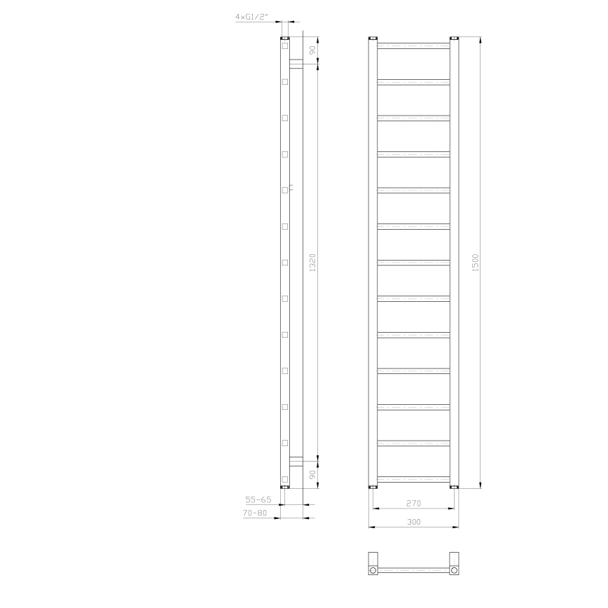 Sapho - Kúpeľňový radiátor METRO LIGHT 276 W 30 × 150 cm biely