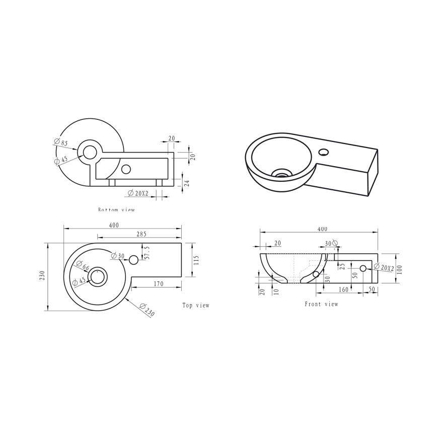 Sapho - Rohové závesné umývadlo BLOK 40x23 cm pravé/antracit