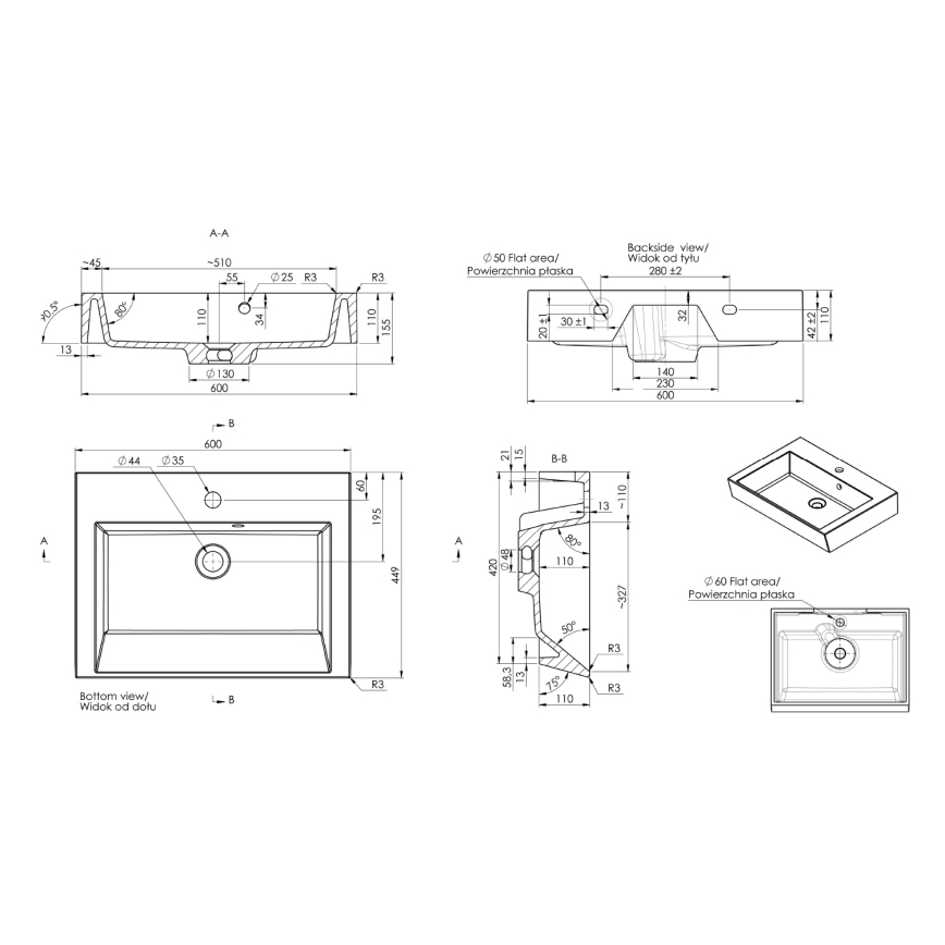 Sapho - Umývadlo na dosku ORINOKO 60x45 cm mramor/biele
