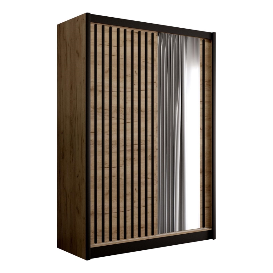 Šatníková skriňa so zrkadlom SANTINO 150x215 cm dub craft/čierna
