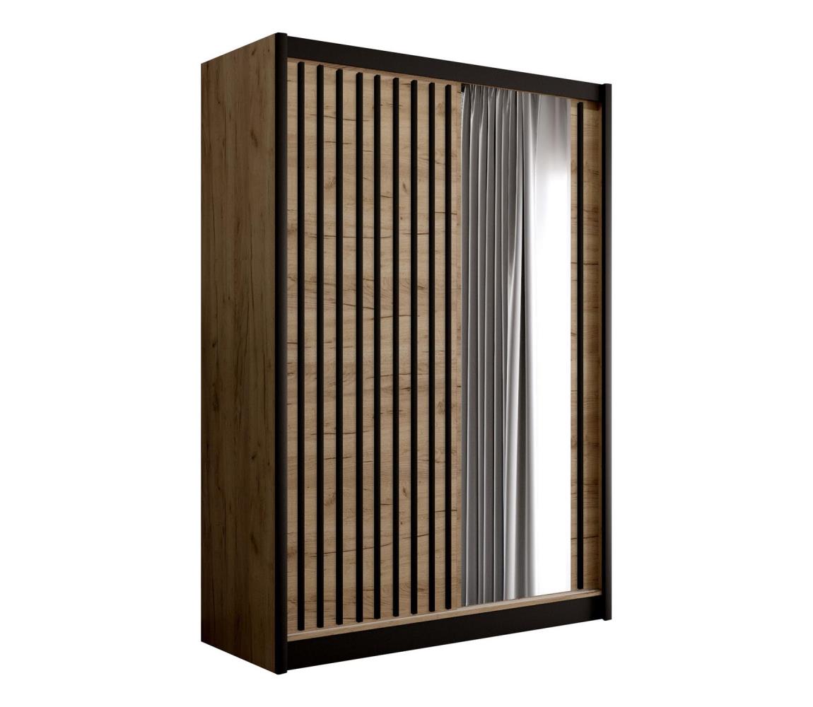 Šatníková skriňa so zrkadlom SANTINO 150x215 cm dub craft/čierna LADDER 150 Craft/Lamele czarne
