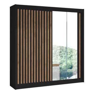 Šatníková skriňa so zrkadlom SANTINO 203x215 cm čierna/dub craft