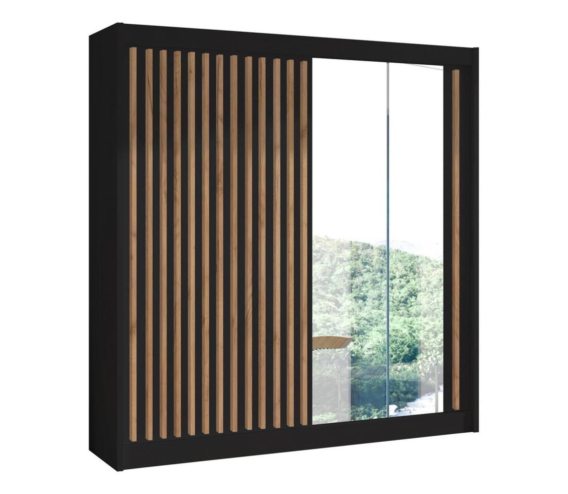 Šatníková skriňa so zrkadlom SANTINO 203x215x61 cm čierna/dub craft LADDER 203  Czarny/Lamele dąb craft