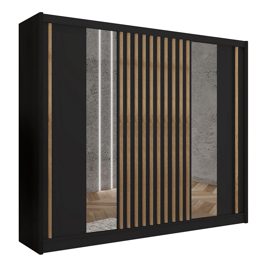 Šatníková skriňa so zrkadlom SANTINO 250x215 cm čierna/dub craft