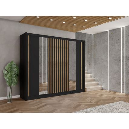 Šatníková skriňa so zrkadlom SANTINO 250x215 cm čierna/dub craft