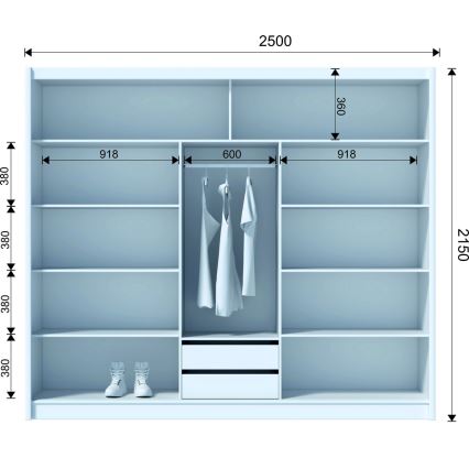 Šatníková skriňa so zrkadlom SANTINO 250x215 cm čierna/dub craft