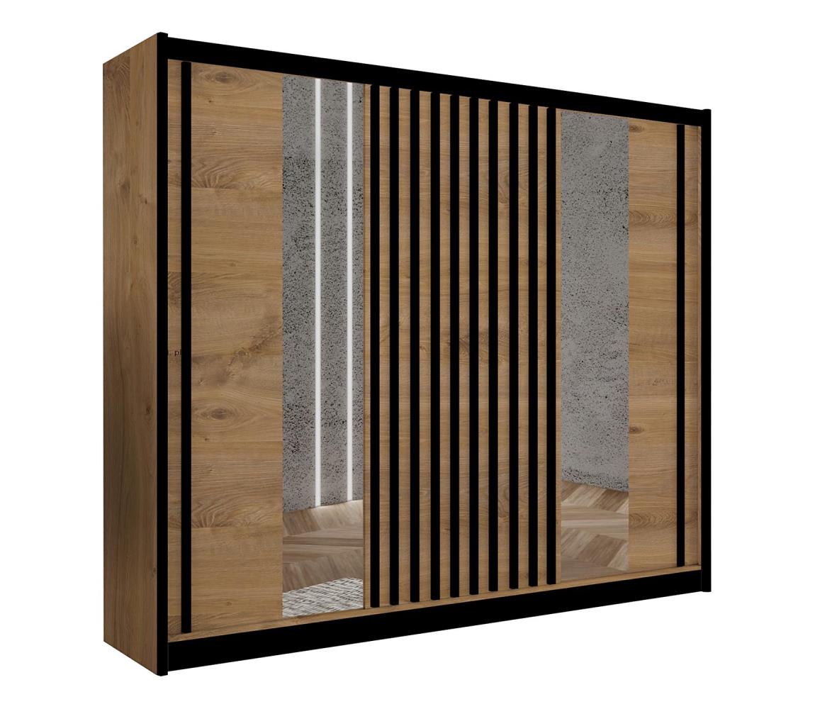 Šatníková skriňa so zrkadlom SANTINO 250x215 cm dub craft/čierna LADDER 250 Craft/Lamele czarne