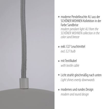 Schöner Wohnen 11728-39 - Závesné svietidlo ALI na lanku 1xE27/25W/230V pr. 38 cm sivá