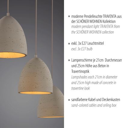 Schöner Wohnen 12541-42 - Závesné svietidlo TRAVENTA na lankách 3xE27/40W/230V betón