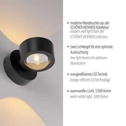 Schöner Wohnen 19331-18 - LED nástenné svietidlo CHIA 2xLED/2W/230V čierne