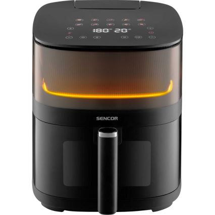 Čierna fritéza Sencor s digitálnym displejom zobrazujúcim 180°C a 20 minút, pripravená na varenie. Ovládacie tlačidlá a oranžové podsvietenie vnútra.