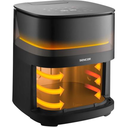 Čierny hranatý air fryer značky Sencor s vnútorným osvetlením a viditeľným obehom horúceho vzduchu pripravuje jedlo. Ovládací panel je umiestnený na vrchu.